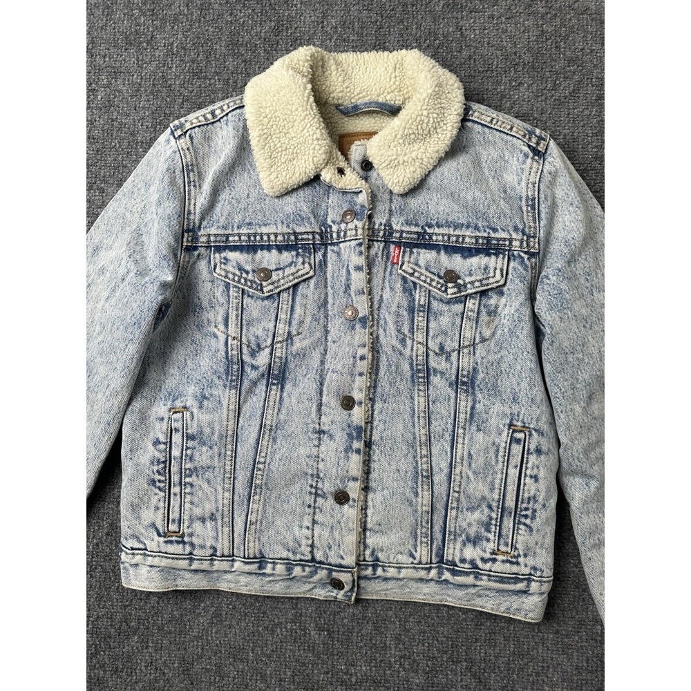Womens Sherpa Lined Levi's Premium Denim Trucker Jacket Blue, Size S - Picture 3 of 11